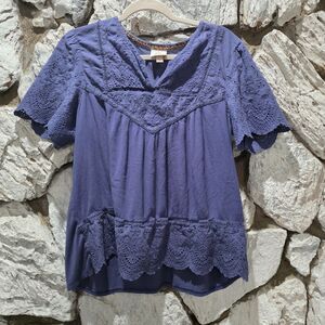 Knox Rose Women's Size XL Top Blouse Blue Tunic V-neck Lace Tassels Boho Peasant